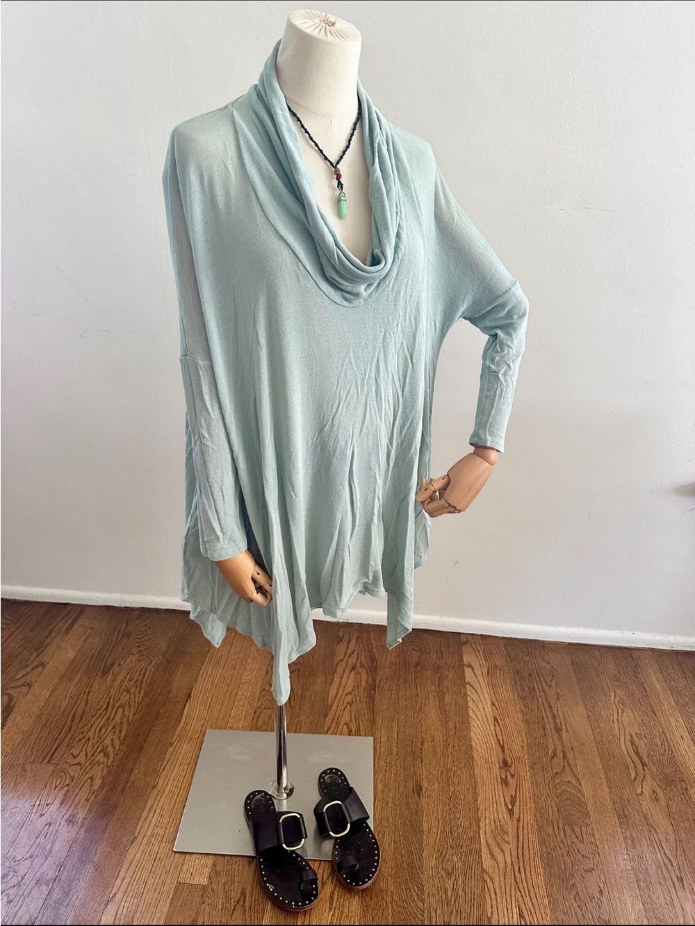 Silence & Noise Draped Cowl Neck Top Aqua Flowy Relaxed Lightweight Boho